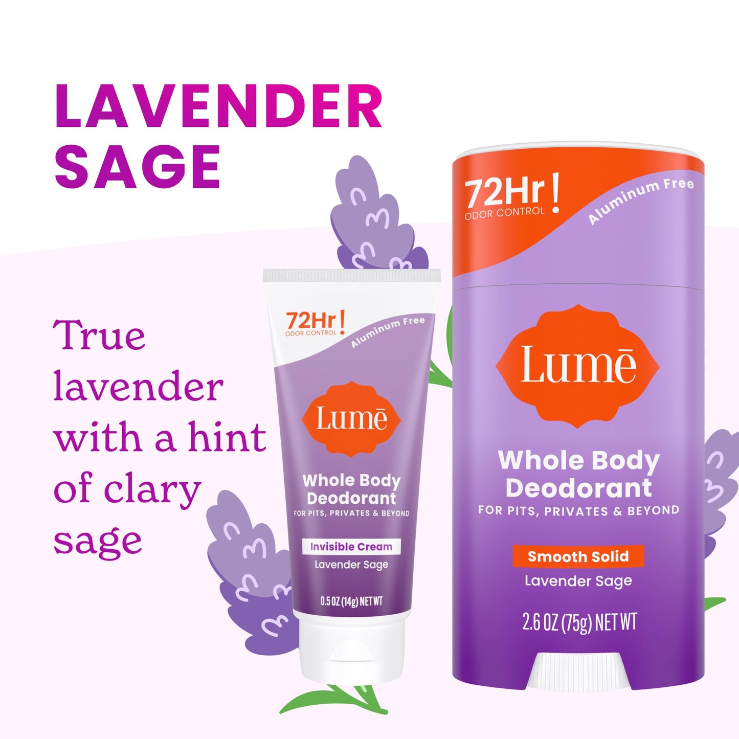Lume Whole Body Deodorant - Invisible Cream Mini + Solid Stick Bundle - 72 Hour Odor Control - Aluminum & Baking Soda Free, Skin Loving (Lavender Beauty and Personal Care Lume