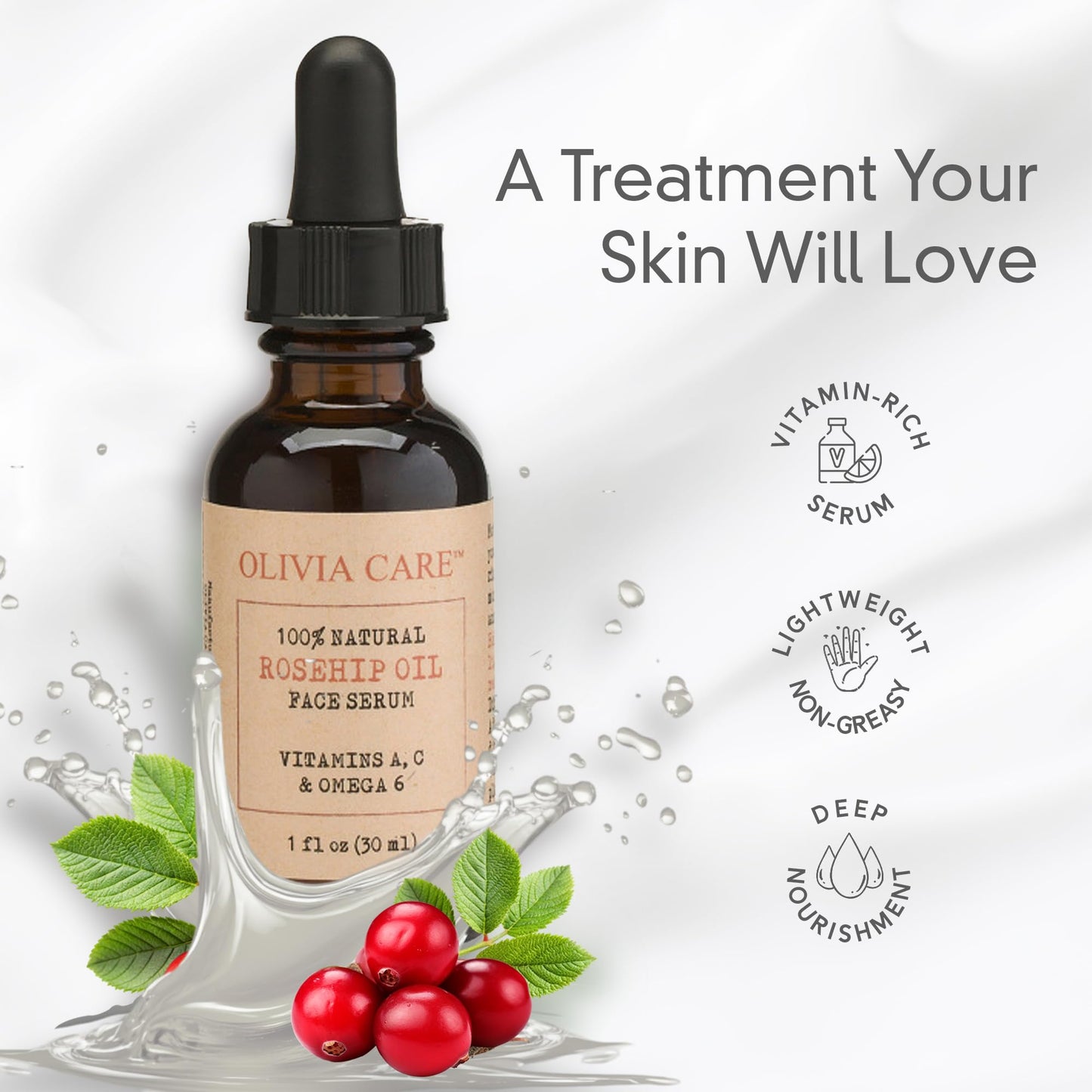 Rosehip Seed Oil Serum By Olivia Care Natural Moisturizer for Face, Body & Skin with Vitamins E, C, A & Omega 6, Perfect for Treating Wrinkles, Acne Beauty & Personal Care Olivia Care