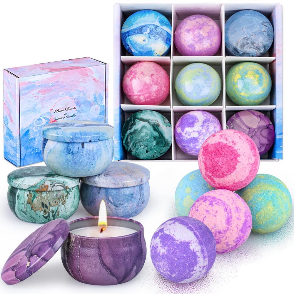 Bath Bombs Gift Set - 5 Large Fizzy Spa Bombs with 4 Scented Candles for Women - Moisturizing Bubble Bath with Essential Oils for Valentine's Beauty and Personal Care OFUN