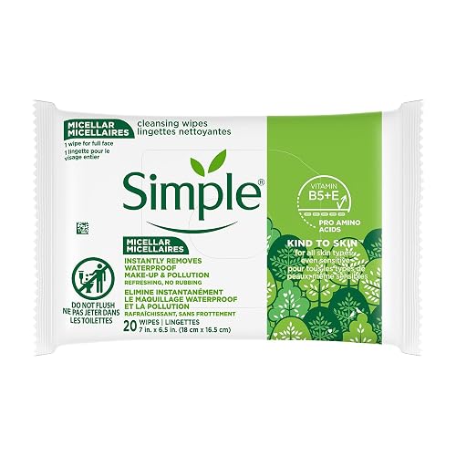 Simple Kind To Skin Micellar Makeup Remover Wipes - Face Wipes Instantly Remove Waterproof Makeup - Enriched with Vitamin B5 and E - Vegan - 20 pc Beauty & Personal Care Simple