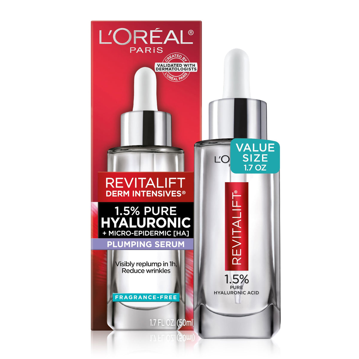 L'Oreal Paris Revitalift 1.5% Pure Hyaluronic Acid Face Serum, Hydrate & Reduce Wrinkles, Fragrance Free 1.7 oz