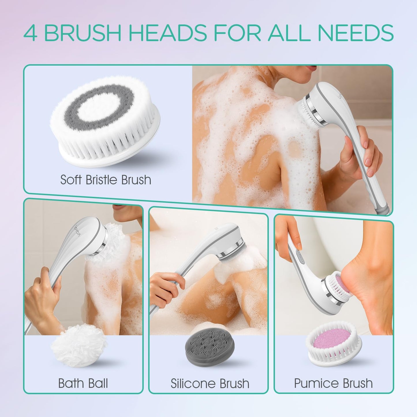 VOYOR Electric Body Brush Back Scrubber for Shower Rechargeable Exfoliating Bath Brush Powered Shower Brush with Non-Slip Long Handle Deep Cleansing Beauty and Personal Care VOYOR