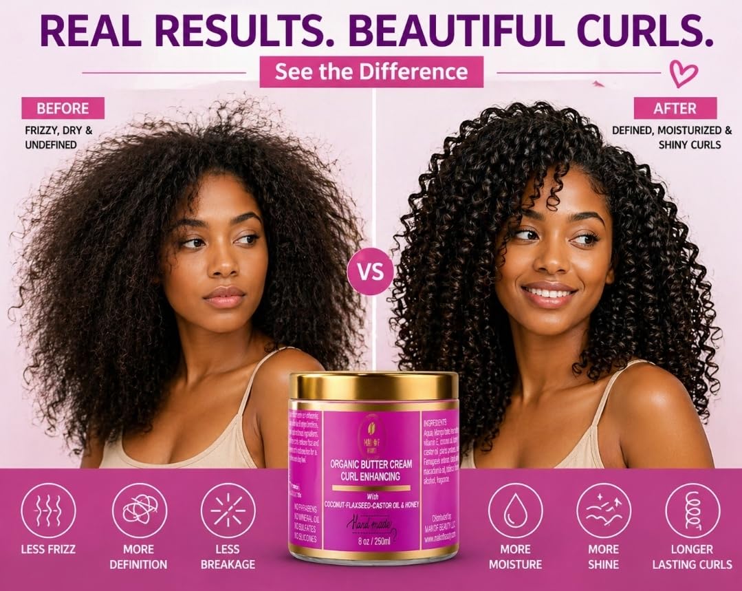 Organic Coconut Curl Enhancing Cream with Flaxseed, Black Castor Oil. Curls Detangler, Moisture-rich, Curl Revival Cream. Anti-Frizz, Defines All Curl Beauty & Personal Care MAKOF BEAUTY
