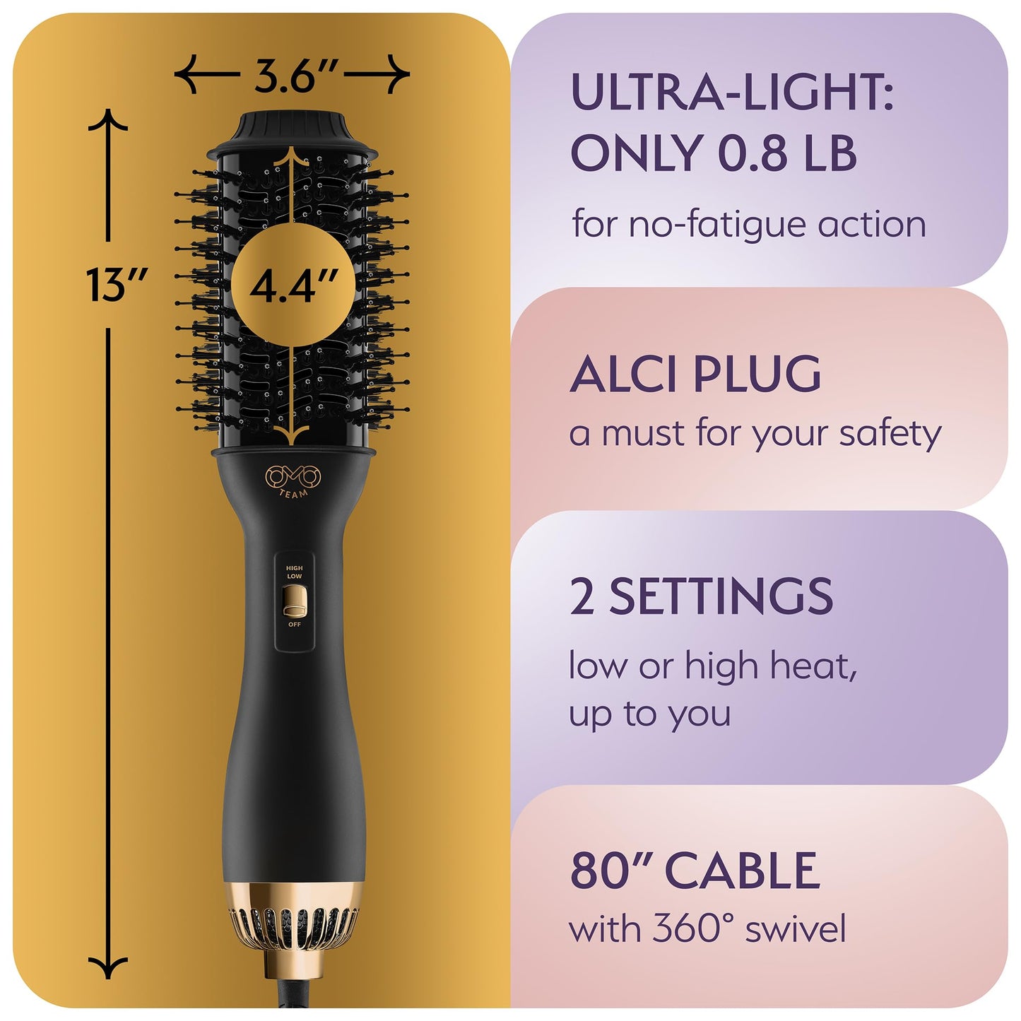 Manual Dual Voltage Blowout Hair Dryer Brush, Professional Hot Air Brush for European Travel 110V-120V/220V-240V, Black Gold Dryer and Volumizer Beauty & Personal Care OMOteam