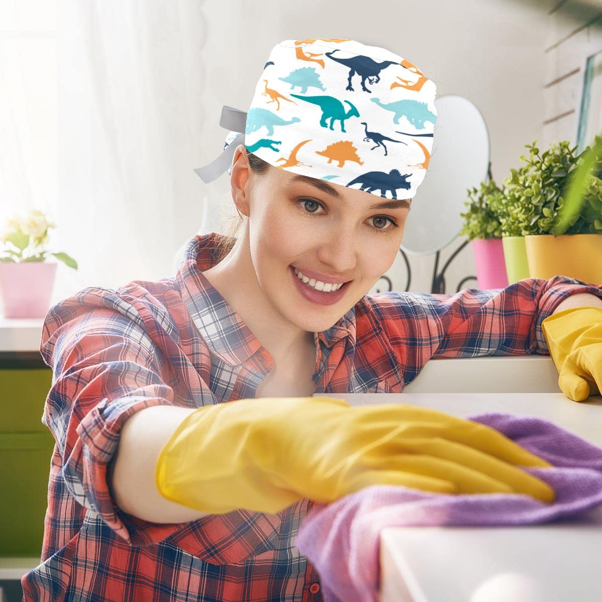 DEYYA Dinosaur Footprint Pattern Adjustable Working Cap with Ponytail Holder, 2 Packs Scrub Cap Bouffant Hat for Men & Women, One Size Beauty and Personal Care DEYYA