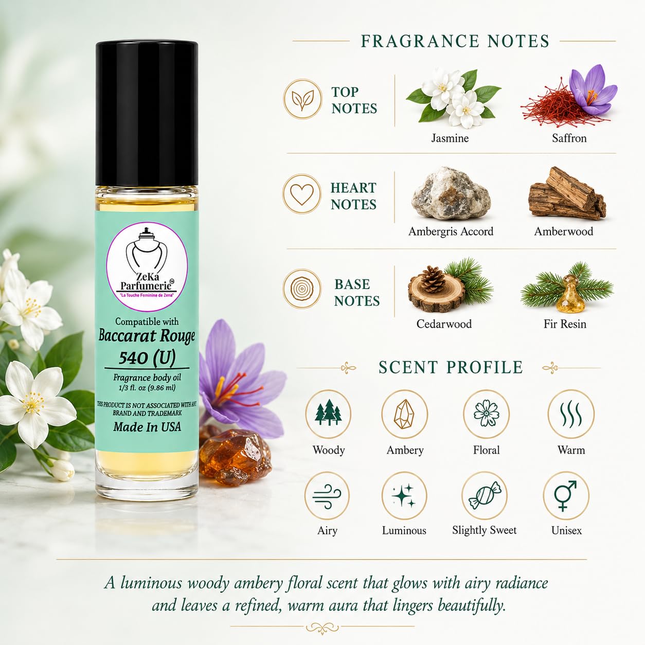 ZEKA PARFUMERIE Compare to Aroma and Compatible with Baccarat Rouge 540 for Woman and Men Fragrance Body Oil on 1/3 oz (9.86ml) size Roll-On Botlle Beauty & Personal Care ZEKA PARFUMERIE