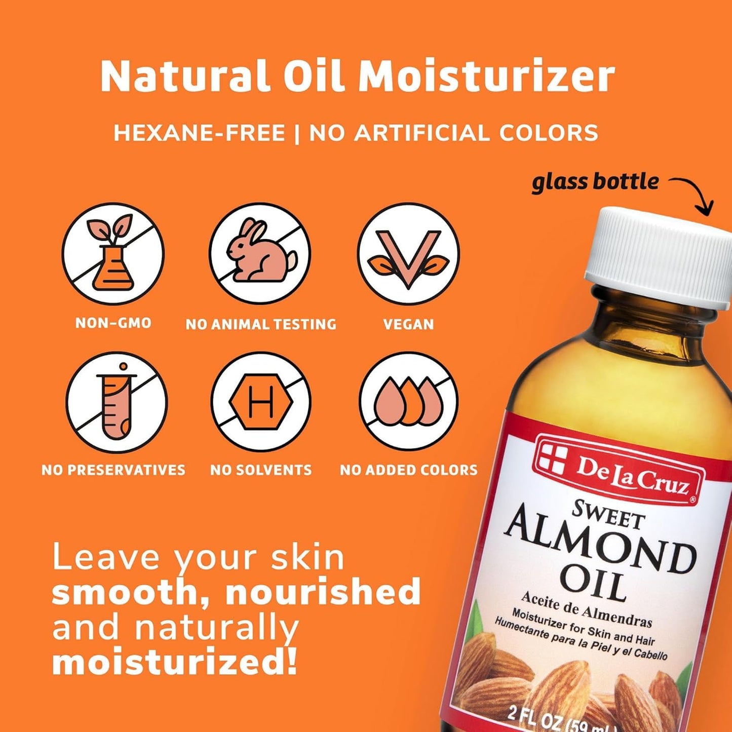 De La Cruz Sweet Almond Oil, Natural Hair and Skin Moisturizer, 3-Pack of 2 FL Oz Glass Bottles Beauty & Personal Care De La Cruz