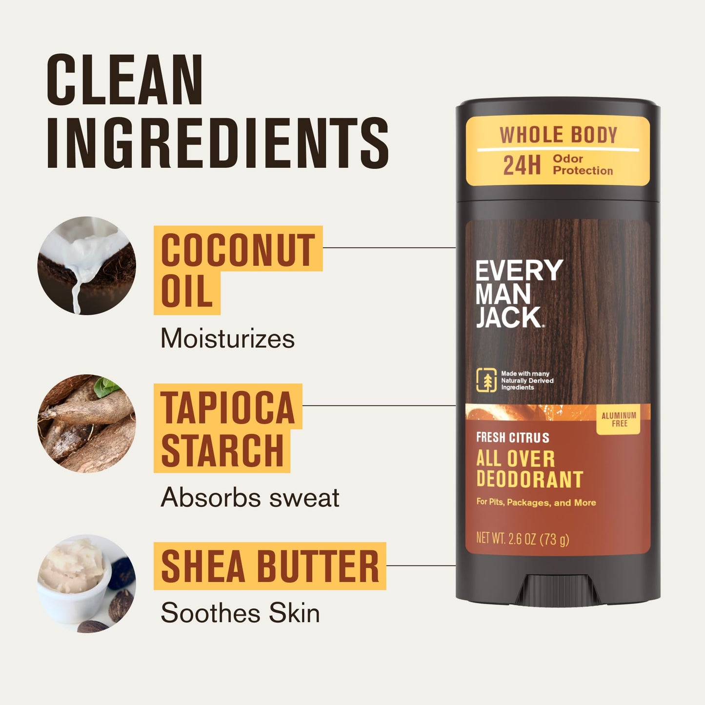 Every Man Jack All Over Deodorant - 24 Hour Whole Body Odor Protection - Aluminum Free - Fresh Citrus Scent 2.6 oz (1 Pack) Beauty and Personal Care Every Man Jack