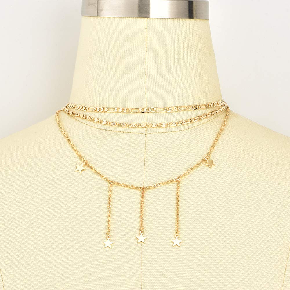 DoubleNine Star Pendant Layering Necklaces Tassels Charm 2 Way Choker Gold Sequins Chic Dainty Jewelry Accessories for Bridesmaid Women Girl set of 2 Beauty & Personal Care Doubnine