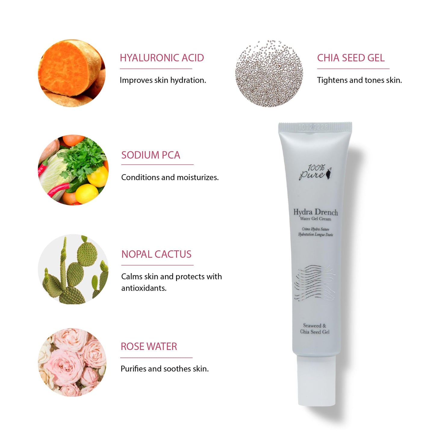 100% PURE Hydra Drench Cream, Daily Face Moisturizer with Hyaluronic Acid, Rose Water, Skin Care for All Skin Types, Natural Face Cream - 1.4 Fl Oz Beauty & Personal Care 100% PURE