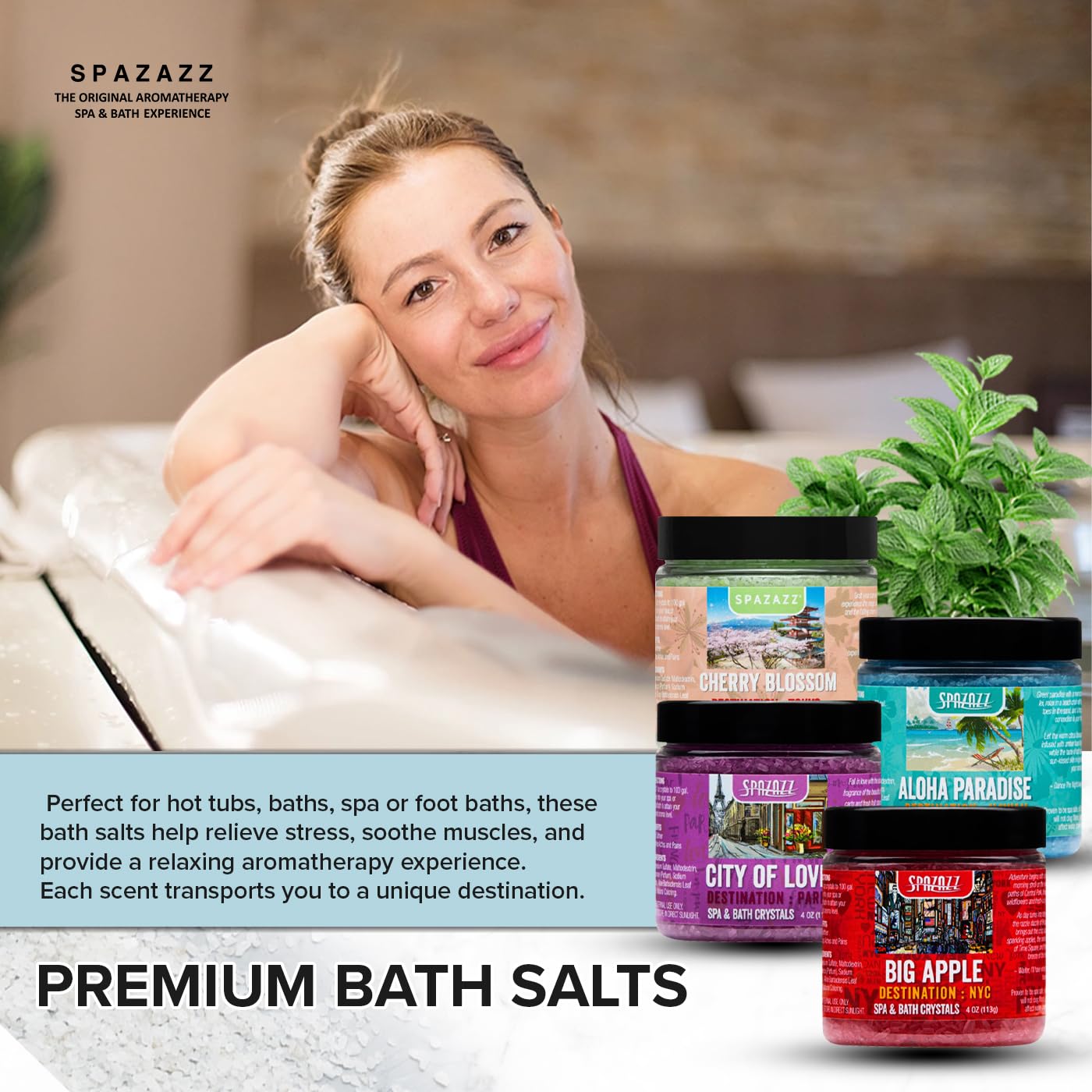 Hot Tub & Spa Aromatherapy Bath Salt Crystal Scents Spazazz Destinations Collection Bundle Aloha Paradise, Big Apple, City of Love, Cherry Blossom Beauty and Personal Care Spazazz