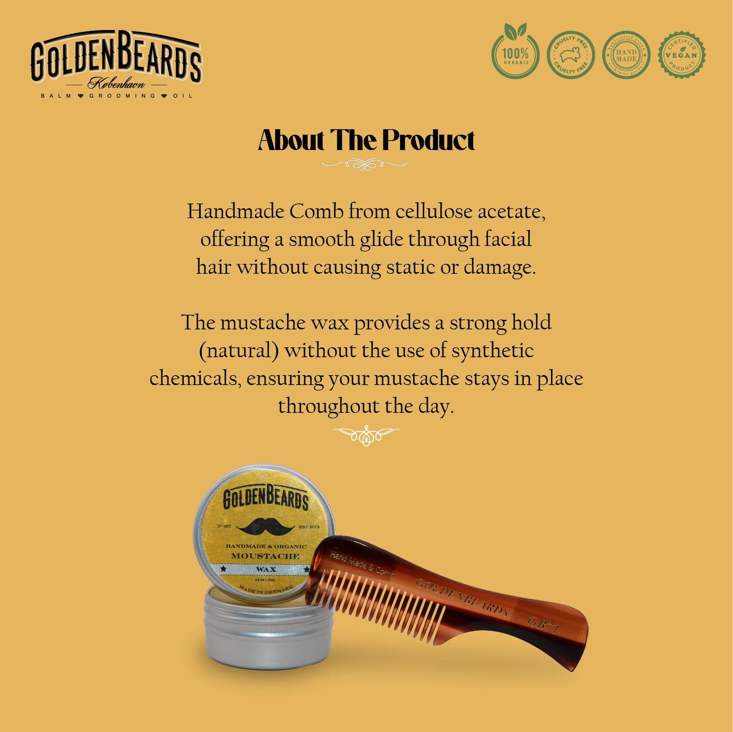 Golden Beards Mustache Wax with GB-71 Comb - Organic & Natural Styling Wax for Men - Strong Hold, Handmade, Vegan, Cruelty-Free Grooming Kit Beauty and Personal Care Golden Beards Kobenhavn BALM GROOMING OIL
