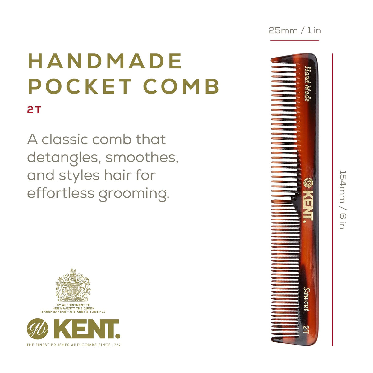 Kent 2T Fine and Wide Tooth Comb For Men, for Small Beard and Mustache, Daily Hair Styling and Mens Grooming Comb, All Hair Types, Handmade Sawcut and