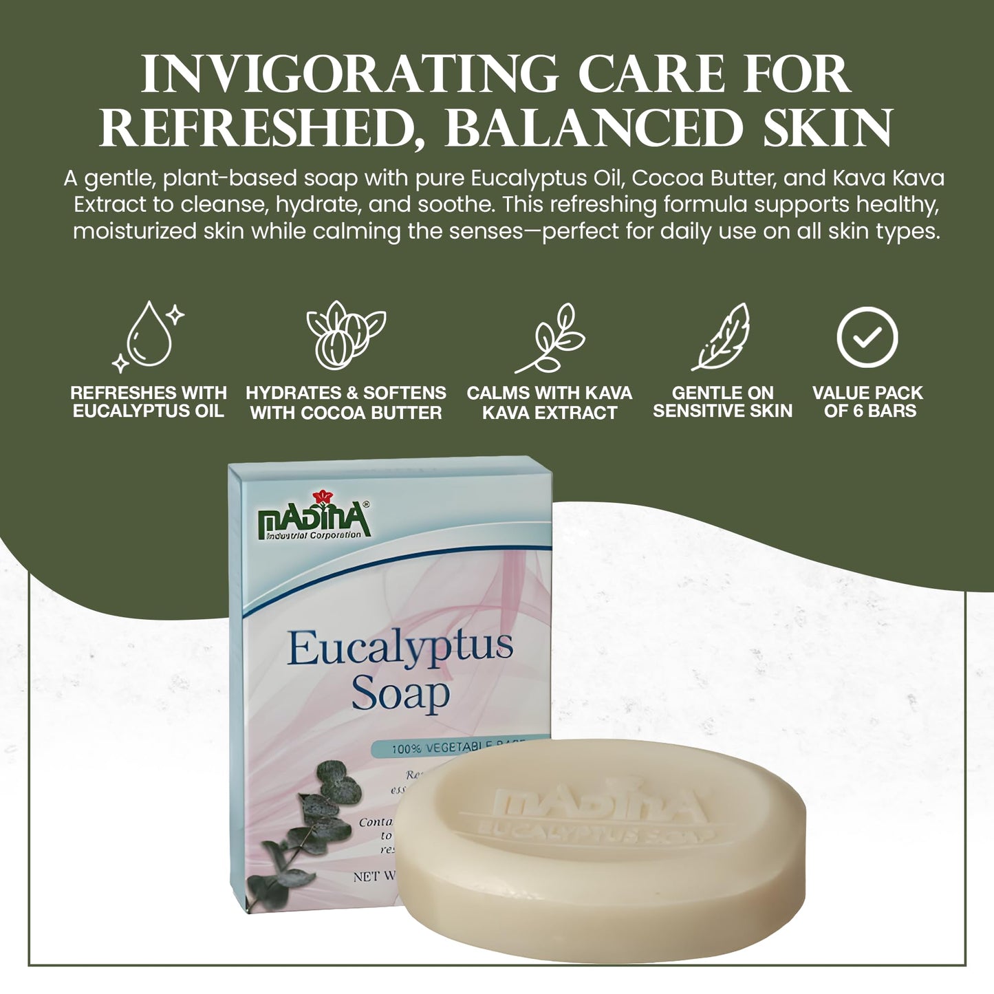 Madina Eucalyptus Soap Bar - Moisturizing, Invigorating, 100% Vegetable-Based, Cocoa Butter, Kava Kava Extract, Gentle Cleanser for Face & Body, 6 Beauty & Personal Care Madina
