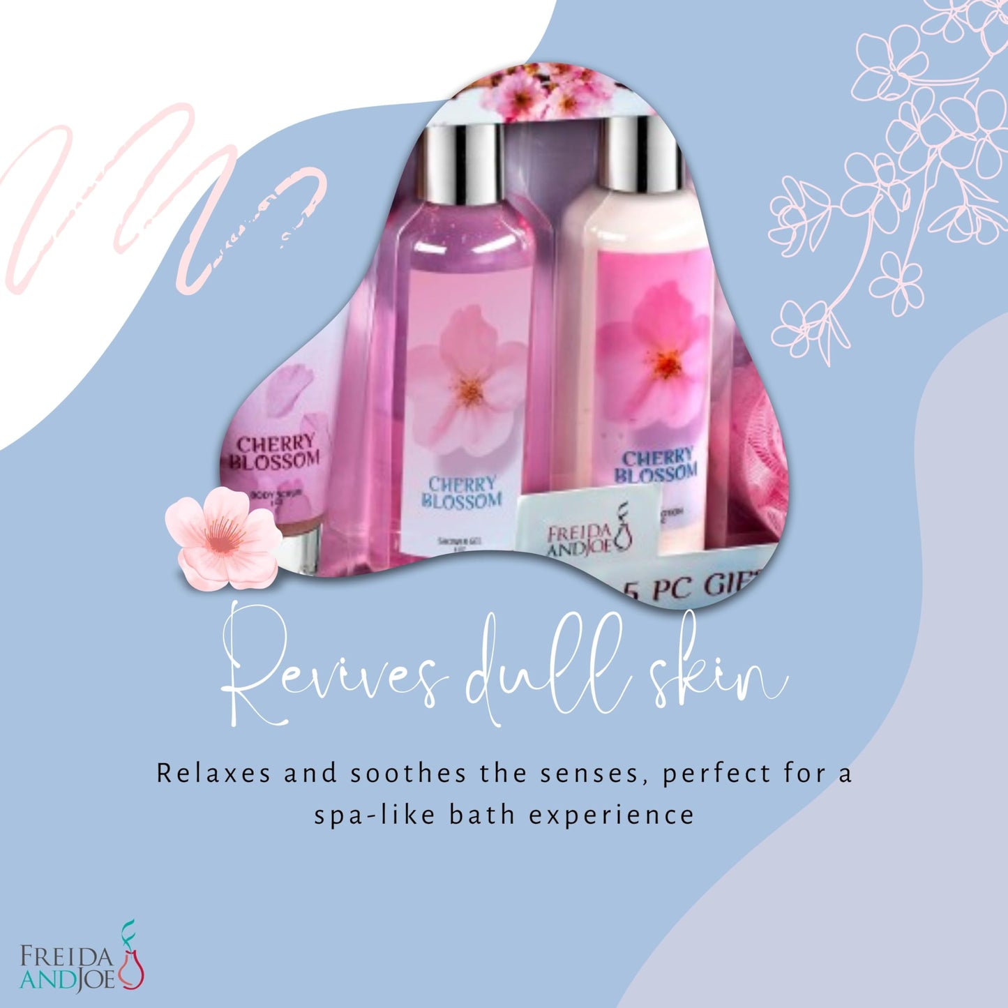 Fragrance Bath & Body Collection Gift Box, Includes Shower Gel, Body Lotion, Body Scrub, Bath Bomb & Sponge (Blue Cherry Blossom) - Mother's Day Gift Beauty and Personal Care Freida and Joe