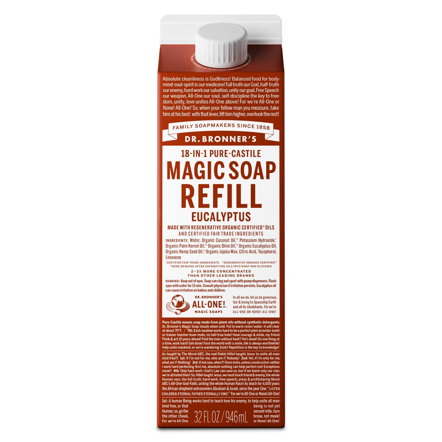 Dr. Bronner's Magic Soap-Pure-Castile Liquid Refill (Eucalyptus, 32 ounce, 1-Pack) - Regenerative Organic Certified Oils, For Body, Hair, Laundry Beauty & Personal Care Dr. Bronner's