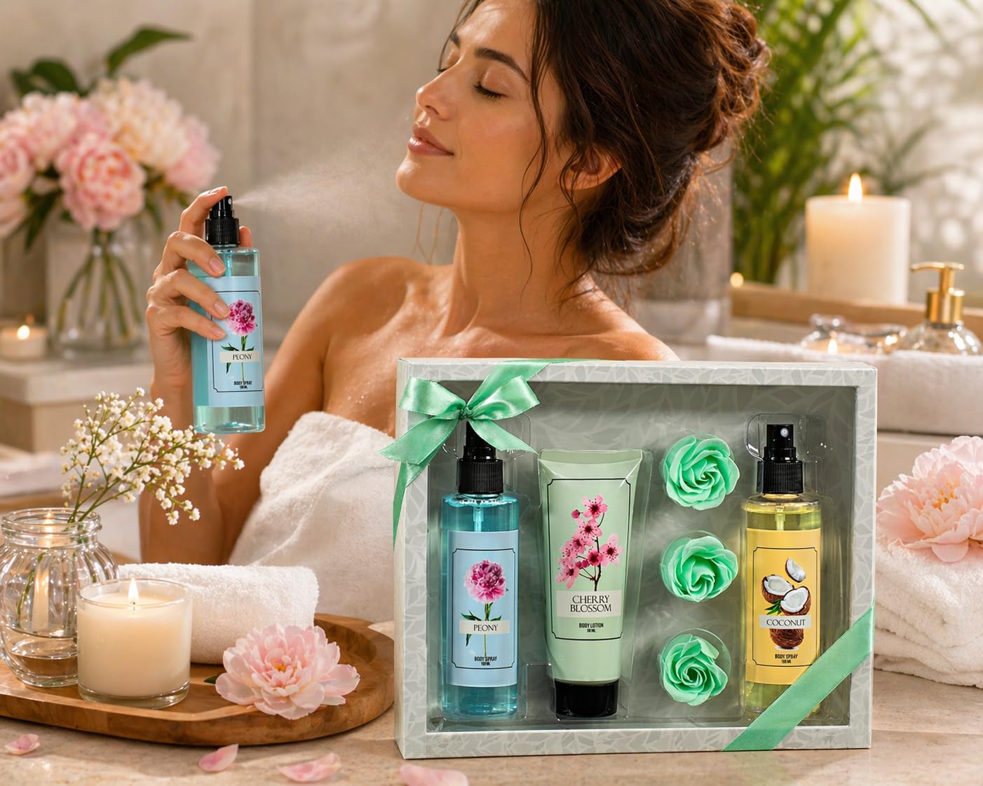 Floral Mist Trio Gift Set - Mother's Day Spa Gift Basket for Mom, Luxury Bath & Body Set, Peony, Coconut, Cherry Blossom Scented Self Care Kit Beauty and Personal Care Freida and Joe
