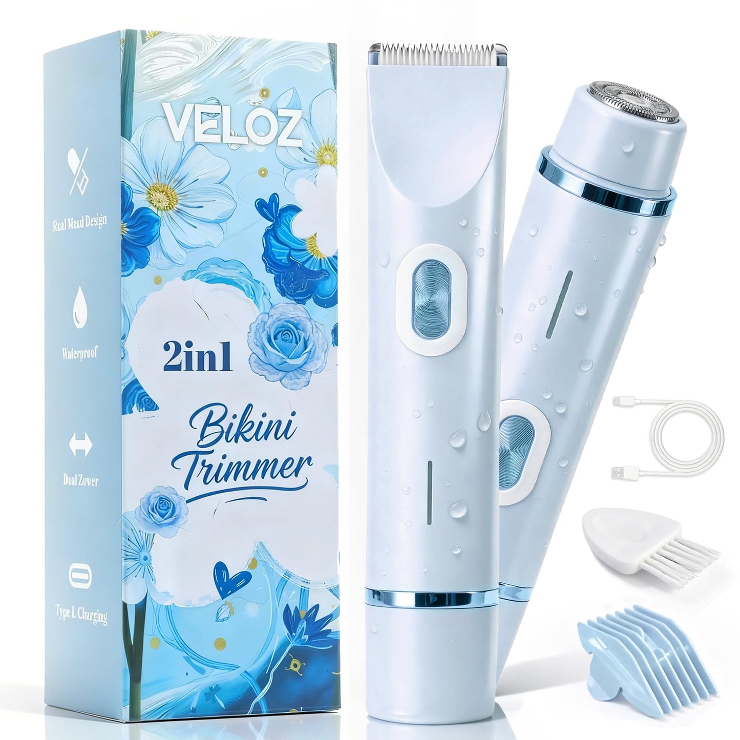 VELOZ 2-in-1 Bikini Trimmer for Women, Dual Head Electric Razor for Bikini Line, Face, Legs & Underarms, IPX7 Waterproof Cordless Shaver for Wet & Dry Beauty and Personal Care VELOZ