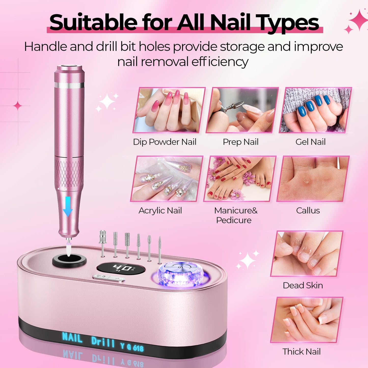 JOSGLOI 40000RPM Electric Nail File Drill Professional Kit, Drill Machine with LCD Display, Manicure Pedicure Polishing Acrylic Gel Nail Grinder Beauty and Personal Care JOSGLOI
