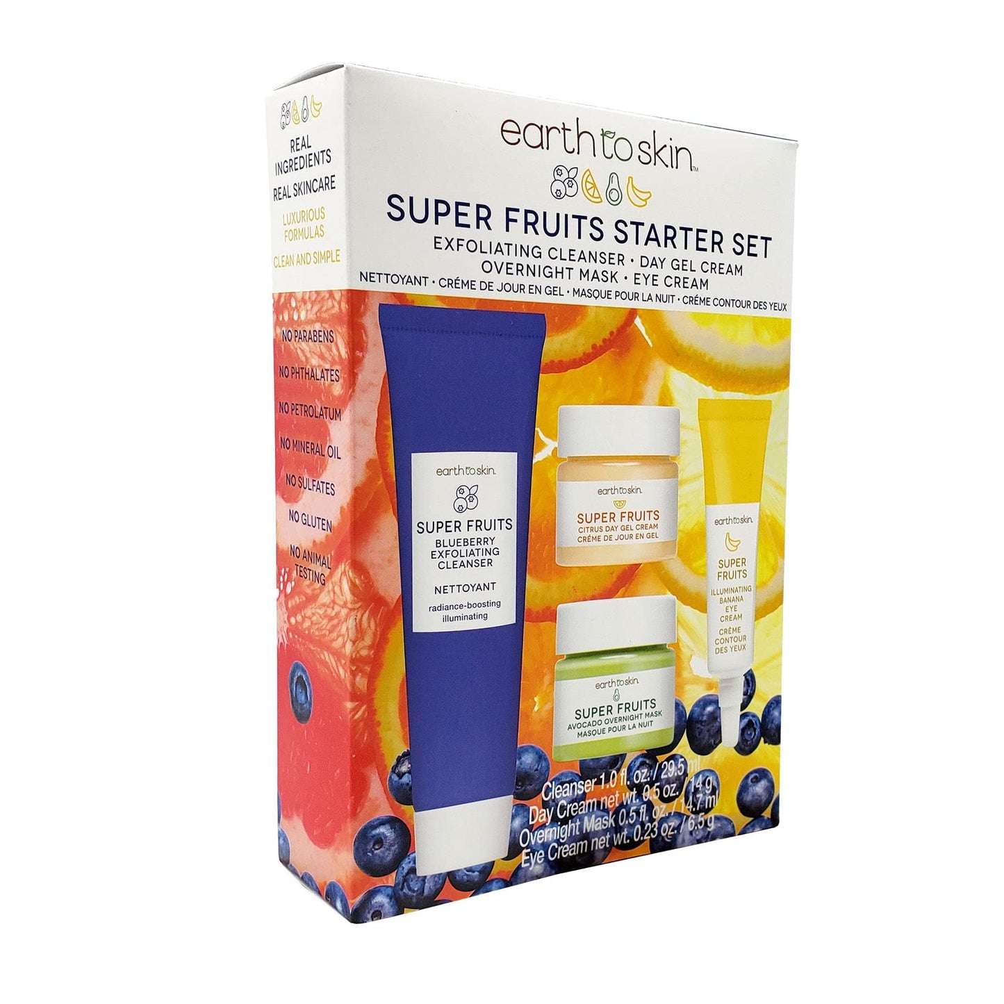 Earth To Skin Super Fruits Starter Set: Blueberry Exfoliating Cleanser (1.0 Fl Oz), Citrus Day Gel Cream (0.5 Fl Oz), Avocado Overnight Mask (0.5 Fl Beauty & Personal Care Earth To Skin