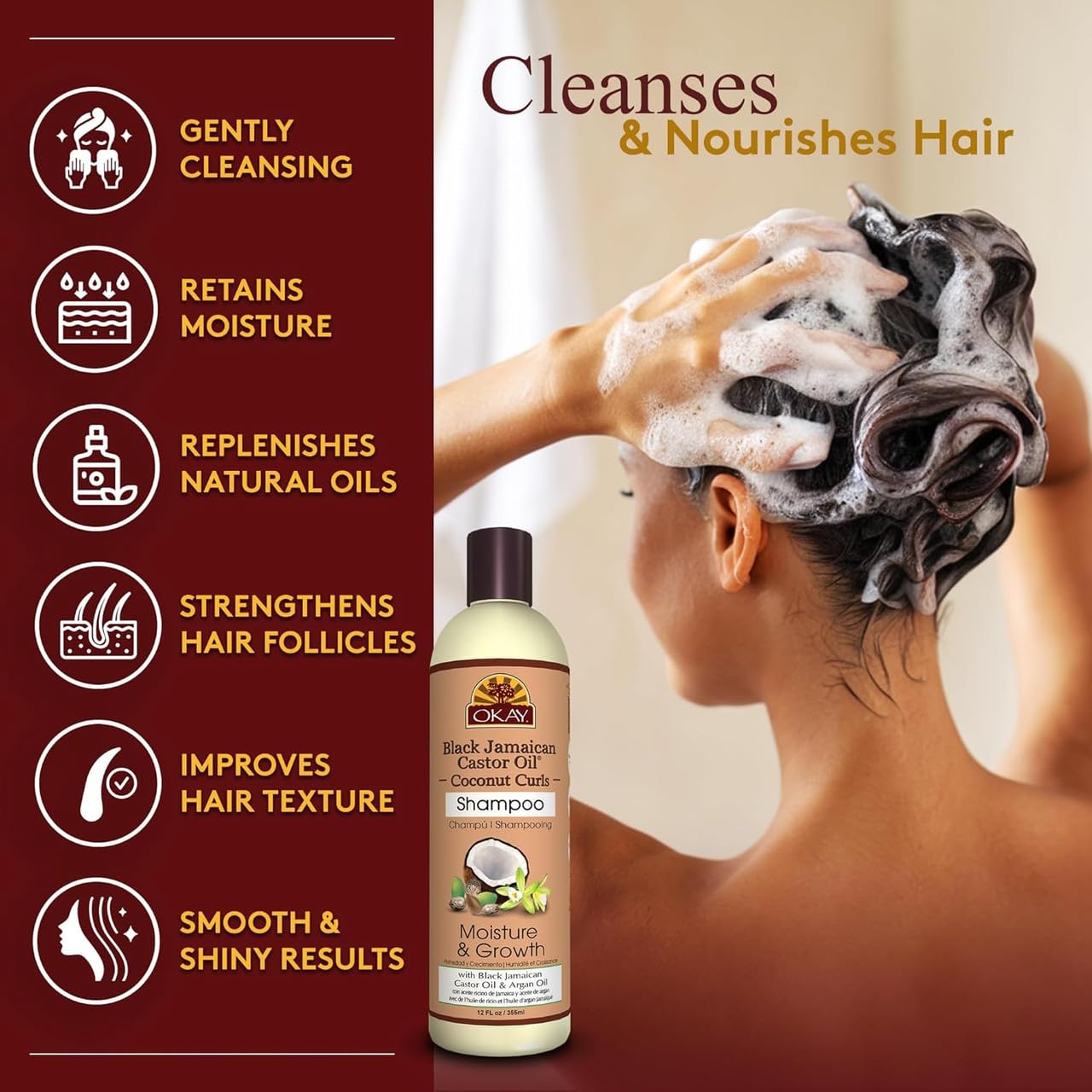 OKAY Black Jamaican Castor Oil Shampoo - Natural, Moisturizing Jamaican Castor Shampoo, Strengthen & Restore Damaged Hair for Women and Men - Coconut Beauty & Personal Care OKAY