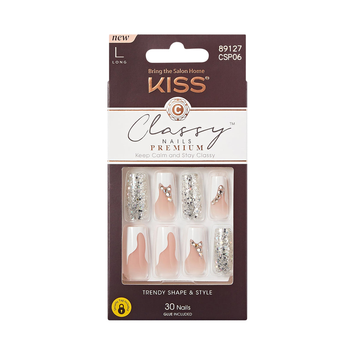 KISS Premium Classy Fake Nails - Stay Modish, Long & Square, Super Glam, Jewel Accents, Waterproof, Smudge Proof, No Dry Time, Durable, Takes Minutes