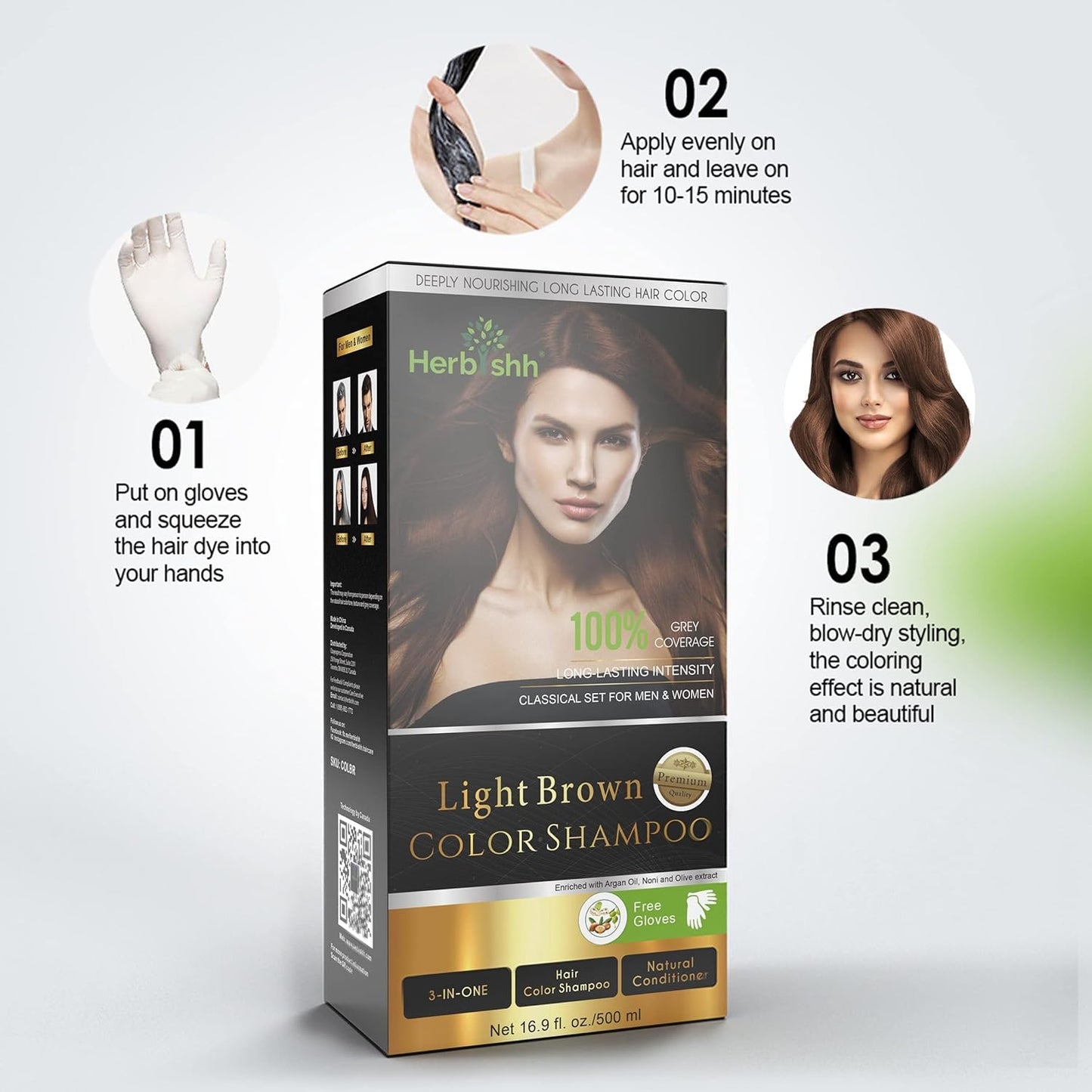Herbishh Color Shampoo for Gray Hair Coverage (Light Brown) -Hair Dye 3-in-1 Shampoo- Colors in Minutes - Lasts Up To 2-3 Weeks - 500 mL - Ideal Beauty and Personal Care Herbishh