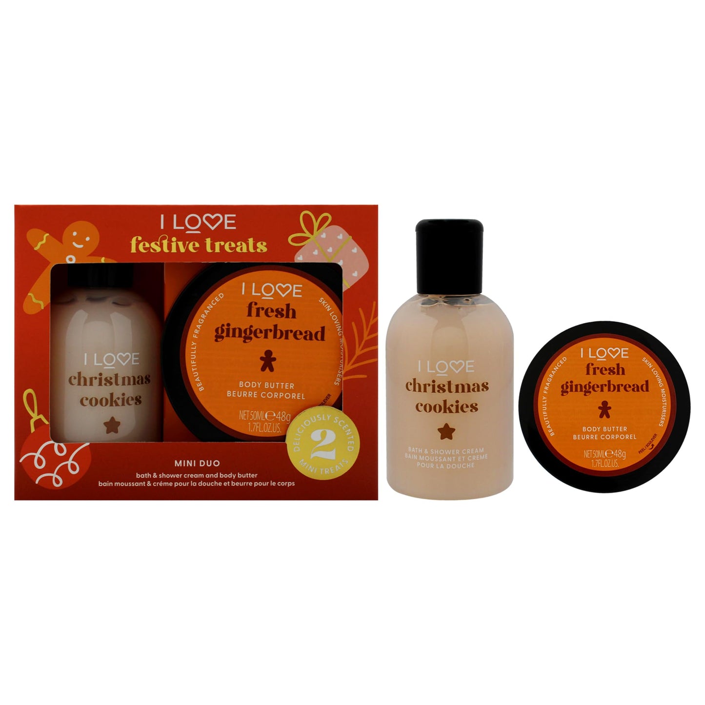 I Love Miniature Festive Treat Box by I Love Cosmetics for Unisex - 2 Pc 3.3oz Christmas Cookie Bath and Shower Creme, 1.7oz Gingerbread Body Butter Beauty and Personal Care I LOVE