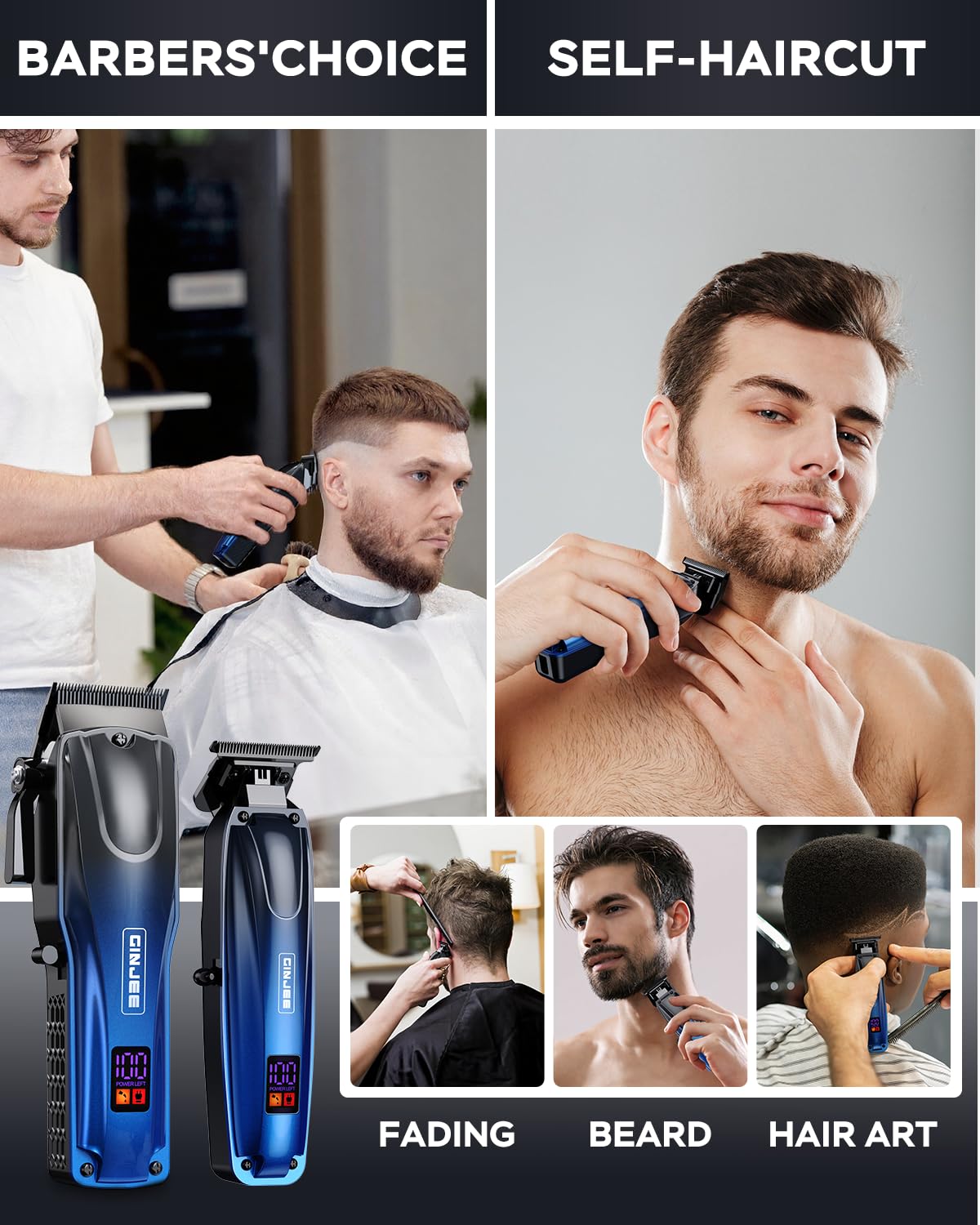 GinJee Professional Hair Clippers for Men Cordless & Corded - Rechargeable Barber Clipper & Trimmer Set with Fade Lever for Home Haircuts, Grooming Beauty and Personal Care GinJee