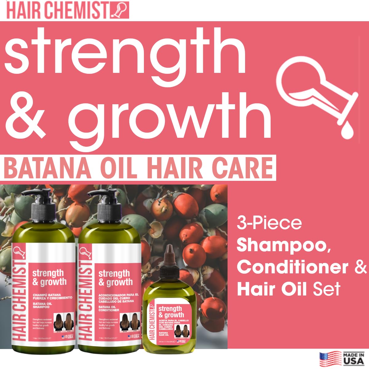 Hair Chemist Strength & Growth Batana Oil Shampoom Conditioner Set 33.8 oz. & Hair Oil 7.1 oz. (3-PC Set) - Batana Shampoo and Conditioner for Hair Beauty & Personal Care Hair Chemist