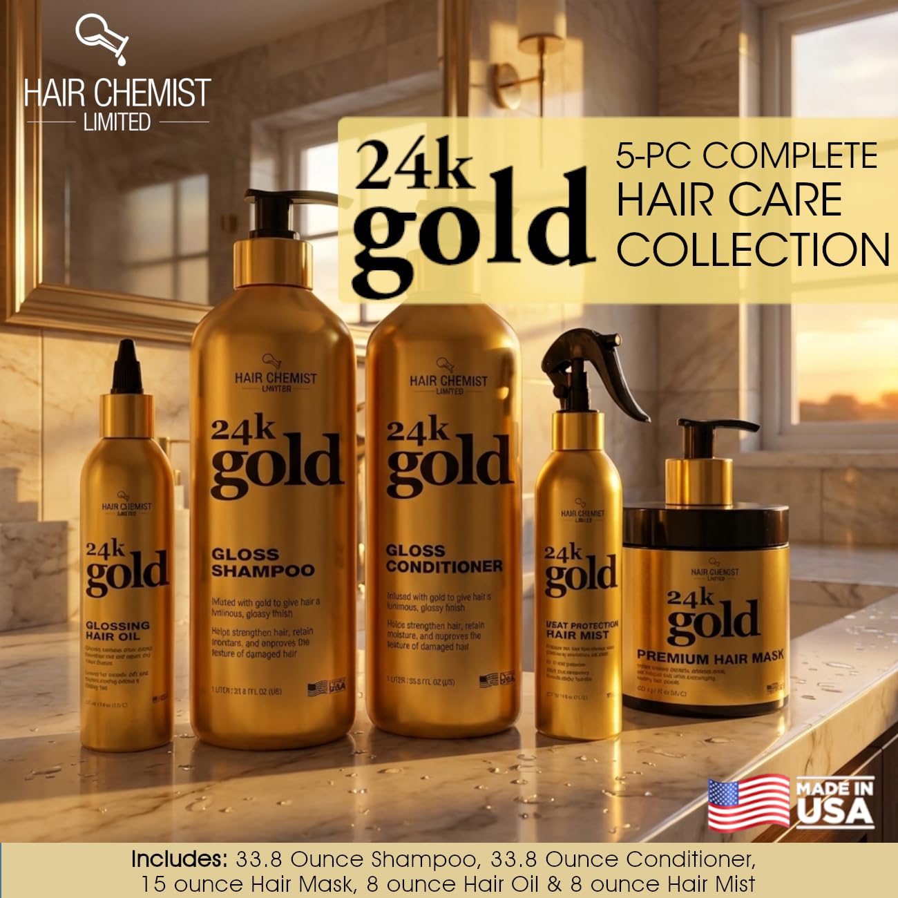 Hair Chemist 24K Gold 5-PC Complete Hair Care Set - Large Shampoo, Conditioner, Hair Oil, Hair Mist & Deep Hair Mask - Strengthening, Hydrating Beauty & Personal Care Hair Chemist