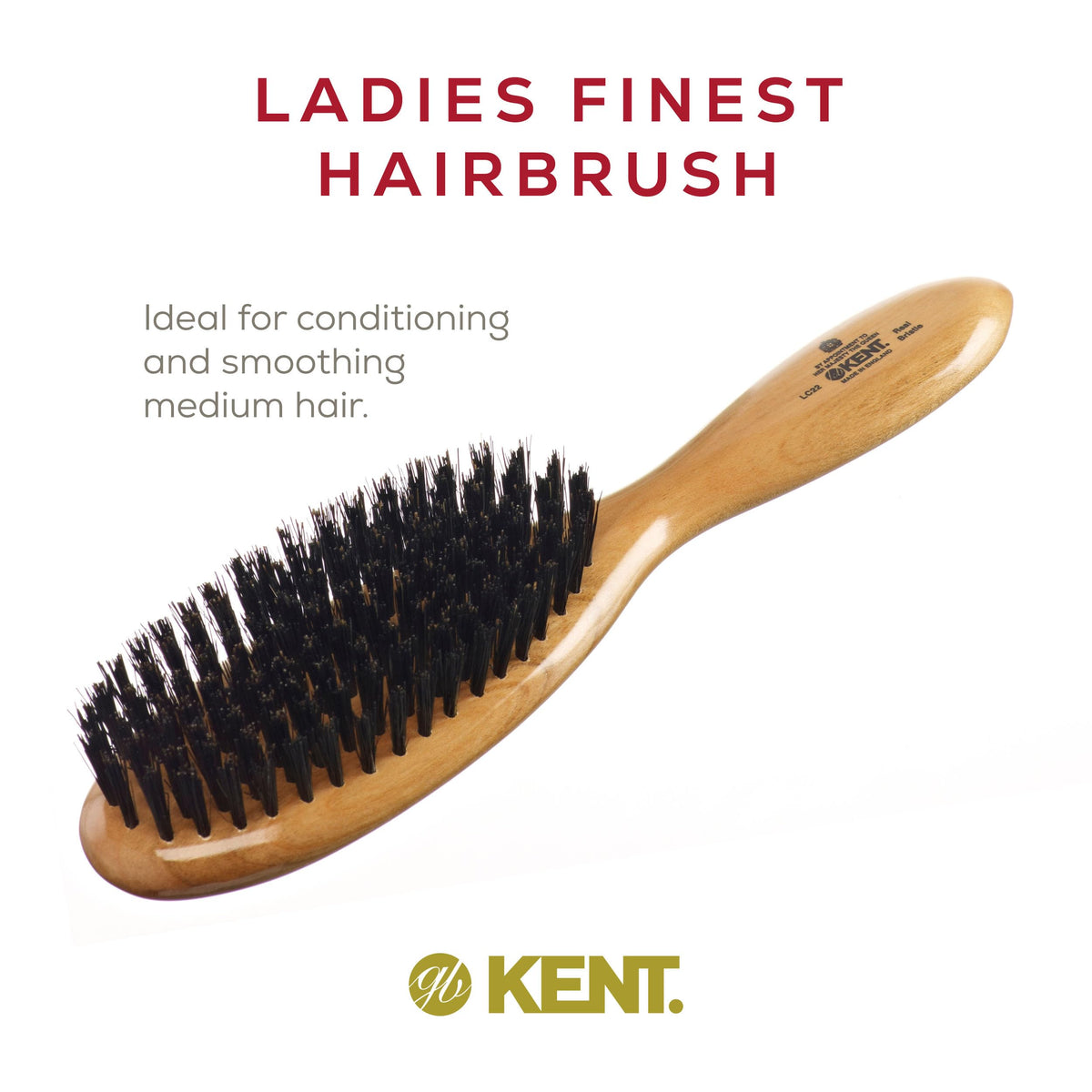 Kent LC22 Finest Hair Brushes for Women Detangler Dry Brush Made of Cherrywood - Boar Bristle Oval Hairbrush for Medium to Thick Hair All Lengths -