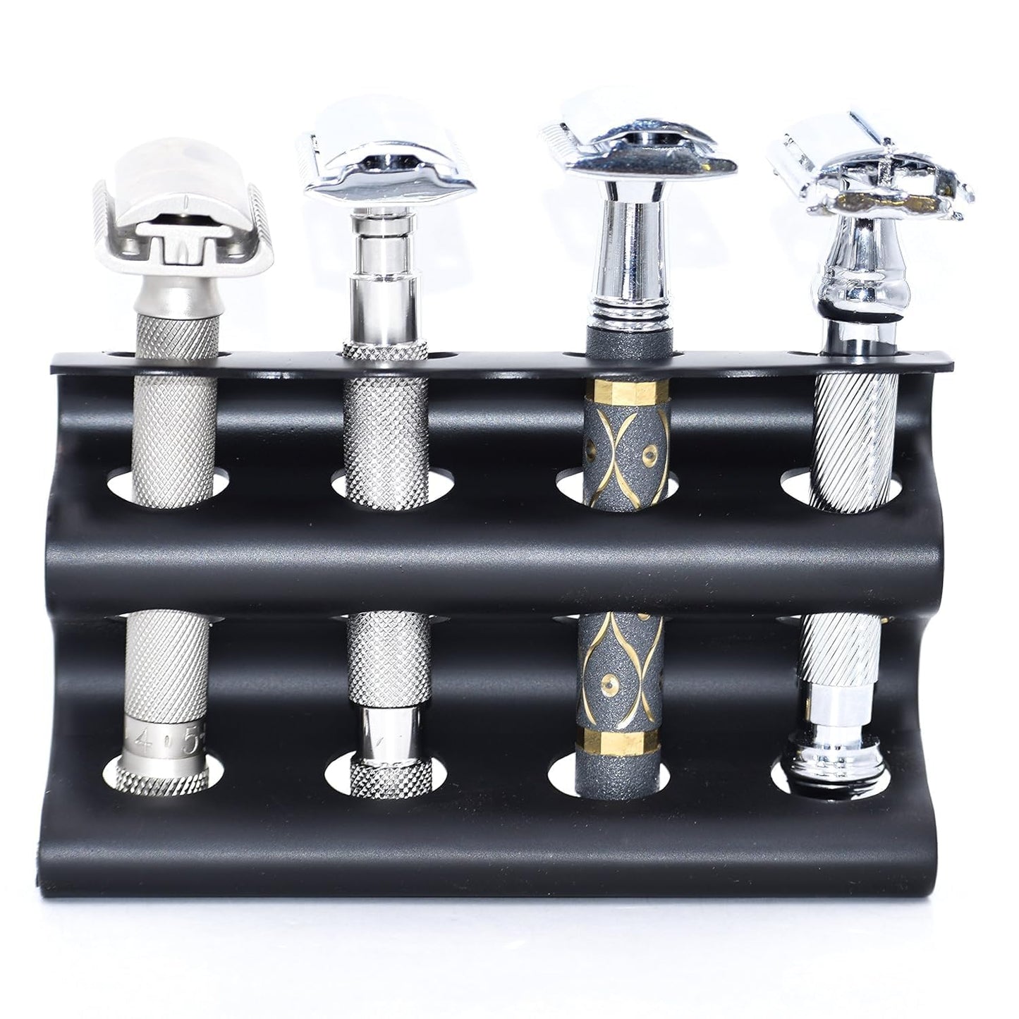 Parker Double Edge Razor Stand - Solid Brass with Black Finish -Holds 4 Razors - Parker Stand with Padded Base - Excellent Storage for Long Handled Beauty and Personal Care Parker Safety Razor