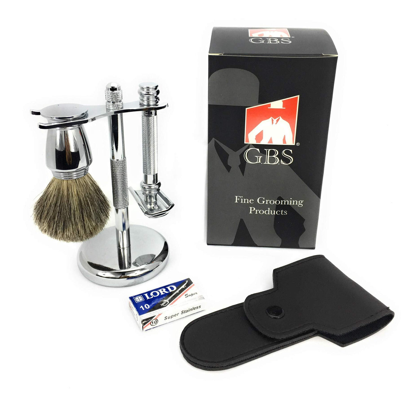 G.B.S Men's Premium Shaving Gift Set, Long Barber Pole Razor and Pure Badger Brush Stand, Double Edge Razor Leather Case and Blades Beauty and Personal Care G.B.S