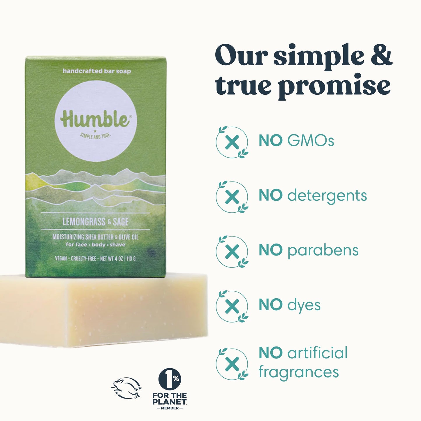 Humble Natural Bar Soap, Lemongrass & Sage - Cold Processed Face & Body Soap Bar with Essential Oils - Moisturizing Formula for Long-Lasting Beauty & Personal Care HUMBLE SIMPLE AND TRUE.