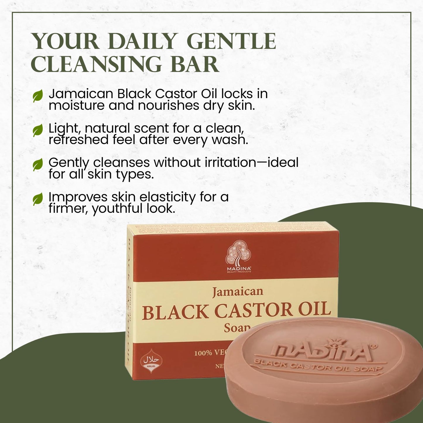 Madina Jamaican Black Castor Oil Soap Bar - Deep Moisturizing, Hydrating, 100% Vegetable-Based, Halal & RSPO Certified, Gentle Cleanser for All Skin Beauty & Personal Care Madina