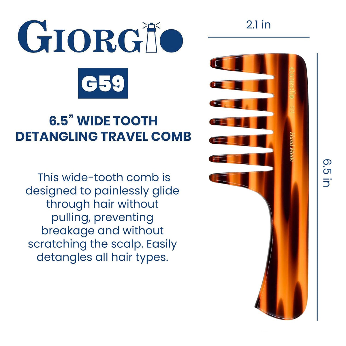 Giorgio G59 Extra Wide Tooth Detangler Comb, Large Tooth Comb with Handle for Thick, Wavy, or Curly Hair. Travel Size for dry or Wet Hair, Handmade,