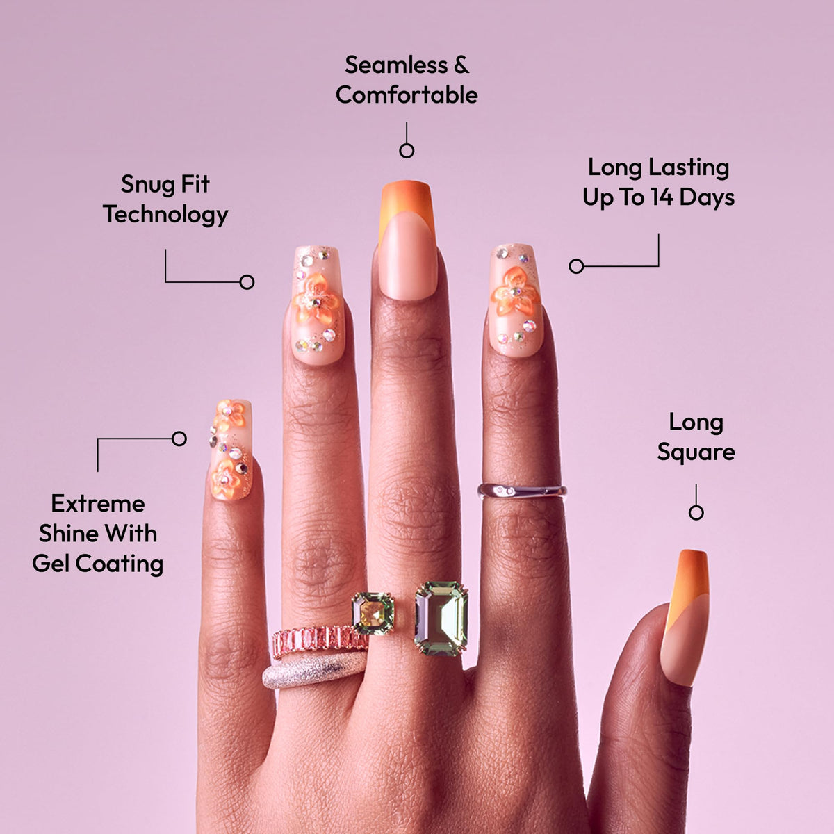 Glitzy 3D Handmade Press On Nail Kit, Rhinestone Gem Gradient French Tip Long Square False Nail, Reusable & Lasts Up To 2 Weeks, Seamless Snug Fit