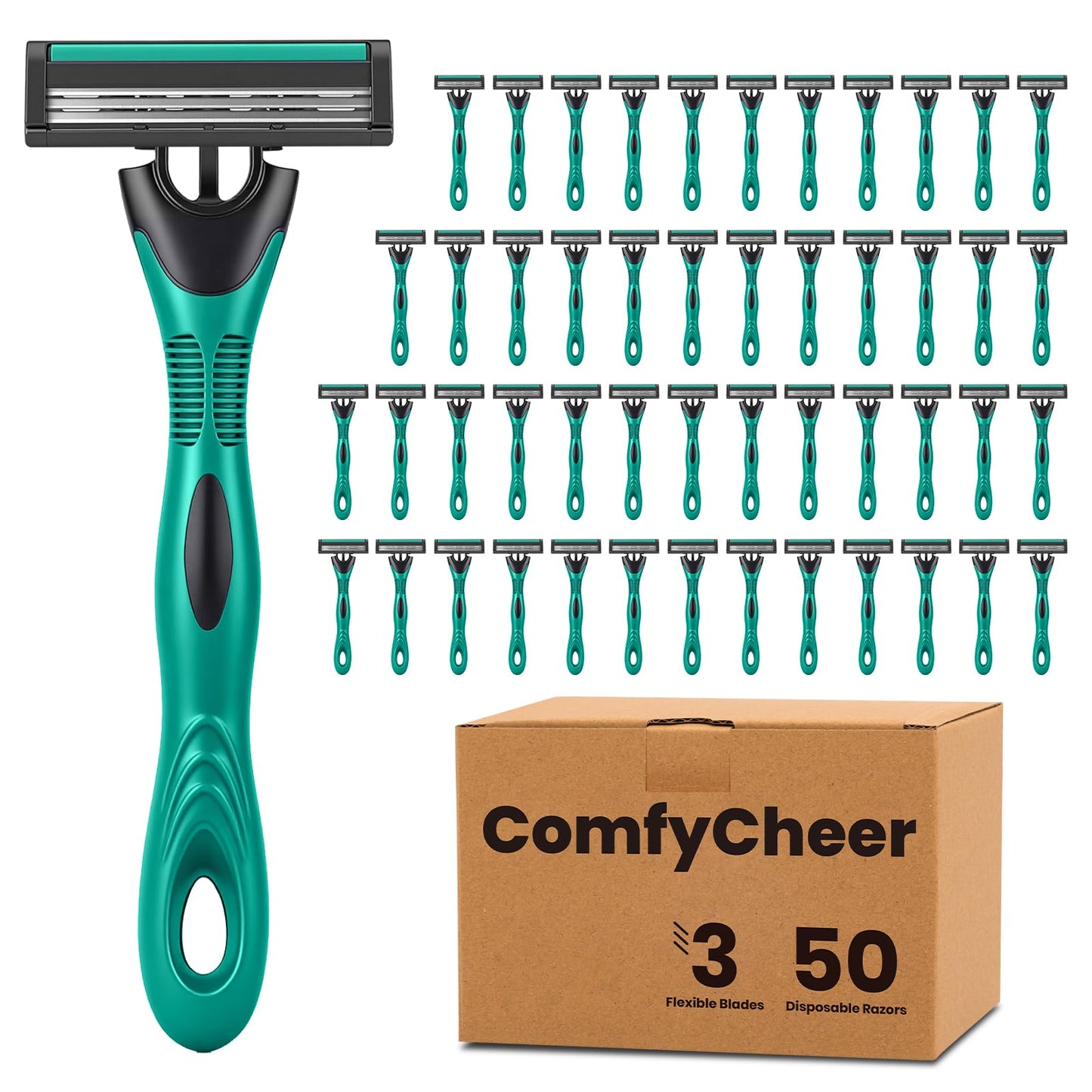Comfycheer 50 count Disposable Razors Blades for Men,3-Blade Razors,Bulk Stainless Steel Shavers with Lubricating Strip for Shaving Sensitive Skin Beauty and Personal Care Comfycheer Default Title