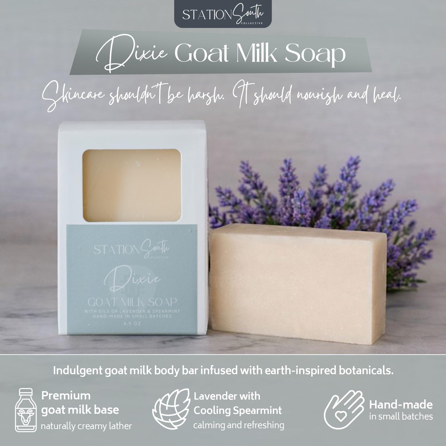 Station South Collective Dixie Goat Milk Soap Bar - Moisturizing & Gentle Body Soap for Sensitive Skin, Hydrating Cleanse with Shea Butter, Lavender Beauty & Personal Care Station South Collective