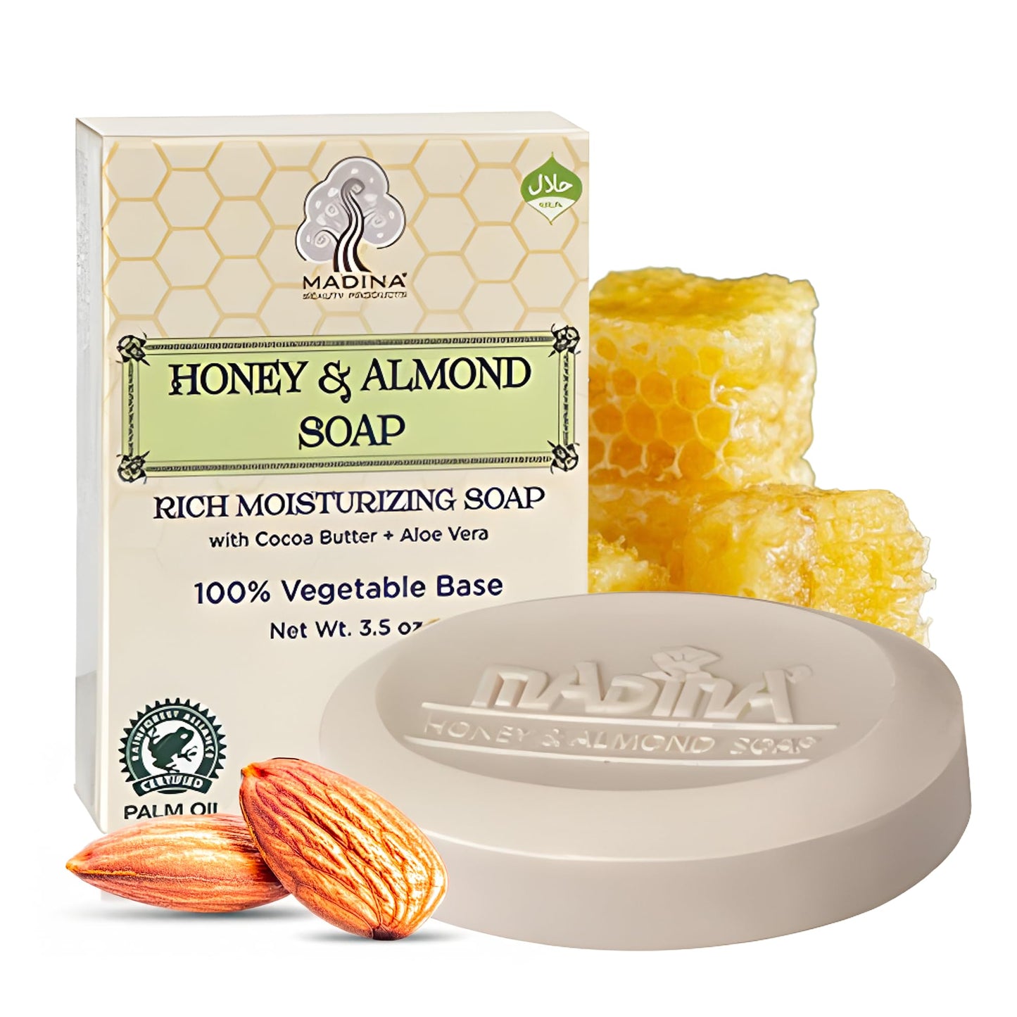 Madina Honey & Almond Soap Bar - Moisturizing, Nourishing, Sweet Almond Oil, Honey, Cocoa Butter, Aloe Vera, 100% Vegetable-Based, Halal Certified, 6 Beauty & Personal Care Madina