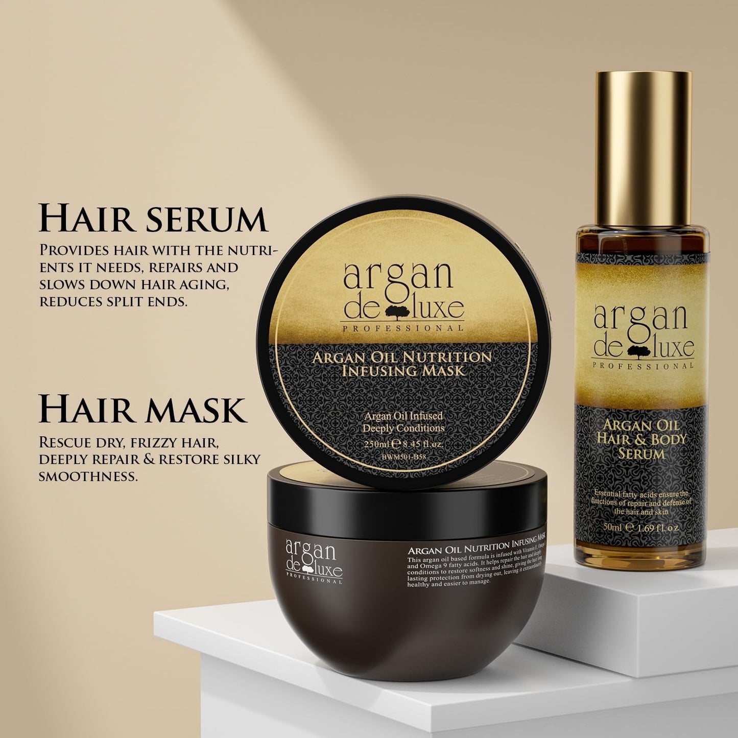 Argan Deluxe Professional Argan Oil Hair Care Set, Nourishing Shampoo and Conditioner 500ml, Nutrition infusion Hair Mask 500ml, Hair and Body Serum Beauty & Personal Care argan deluxe PROFESSIONAL