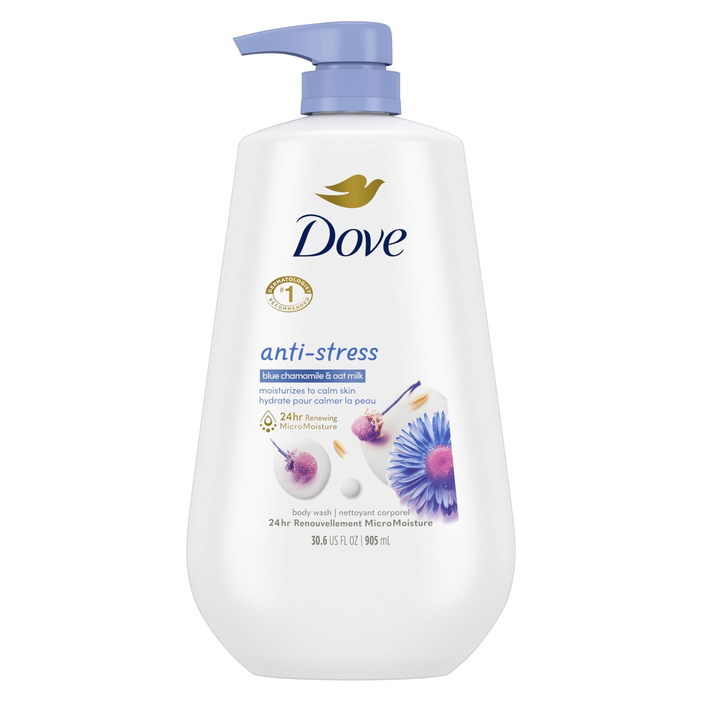 Dove Body Wash with Pump Anti-Stress Blue Chamomile & Oat Milk, for 24hr Lotion-Soft Skin Moisturizing Skin Cleanser with No Sulfates No Parabens 30.6 Beauty & Personal Care Dove