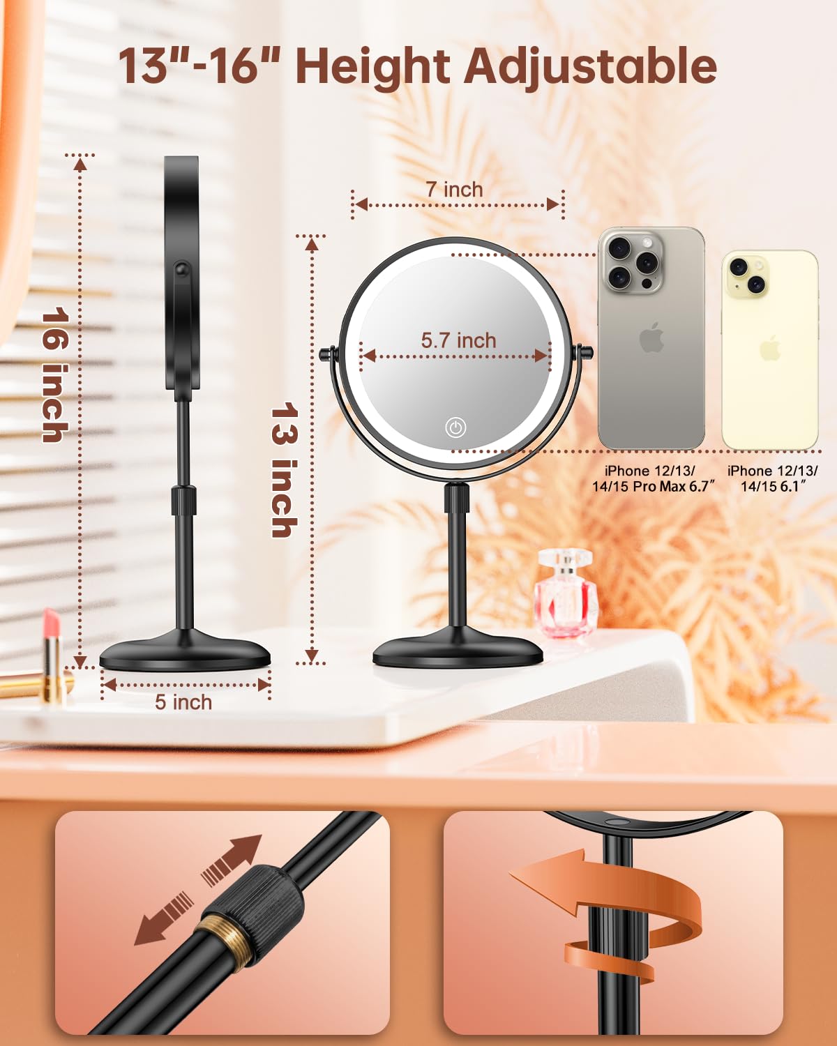 Benbilry Lighted Makeup Mirror with 10X Magnification & 3 Color Lights, Adjustable Brightness & Height, 7 Inch 360° Swivel Rechargeable LED Magnifying Beauty & Personal Care Benbilry