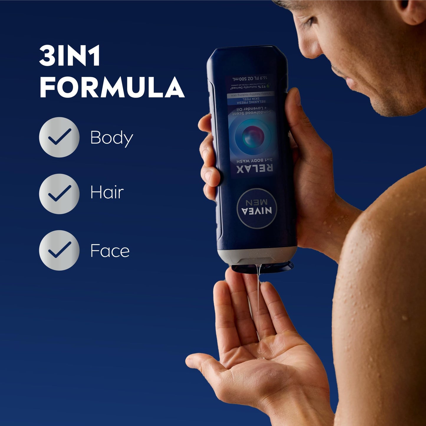 NIVEA MEN Relax Body Wash, Lavender and Sandalwood Scent, 3-in-1 Men's Body Wash, Face and Hair, Paraben Free, Vegan Formula, pH-Skin Friendly, 16.9 Beauty & Personal Care NIVEA MEN