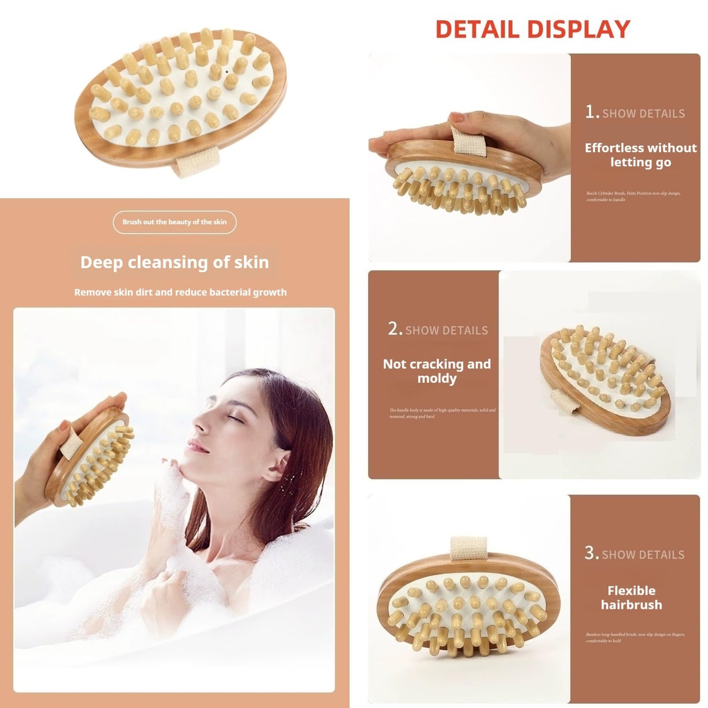 Dry Body Brush, Wooden Handheld Body Massager Brush - Natural Wood, body brush, bath & body brushes Muscle Relax Sauna Spa Head Massage Brush Beauty and Personal Care TIKMOON