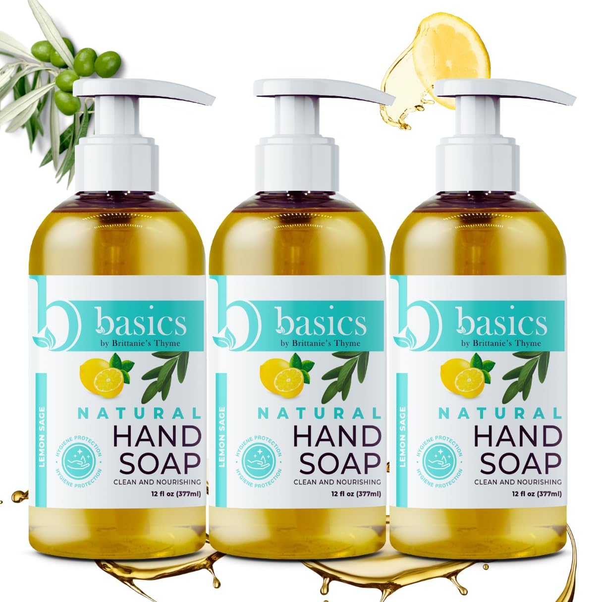 Brittanie's Thyme Basics Natural Olive Oil Hand Soap, Lemon Sage - 12 fl oz, Pack of 3 - Cruelty Free, Vegan, No Synthetic Additives, No Sulfates Beauty & Personal Care Brittanie's Thyme