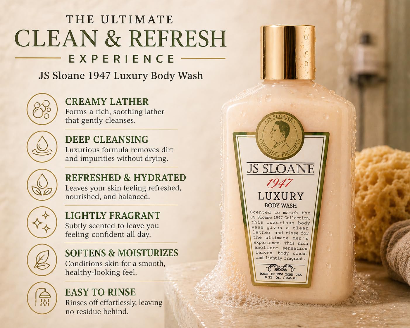 JS Sloane 1947 Luxury Body Wash for Men - Hydrating & Moisturizing Cleanser, Creamy Lather, Fresh Classic Scent, Deep Cleansing Formula, Leaves Skin Beauty & Personal Care JS Sloane