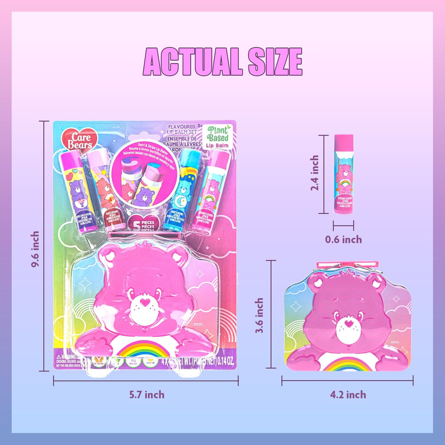 Care Bears 4 PK Plant-Based, Fruity Scented Lip Balm, & 1 Tin, Colorful Hydrating Mosturizor Swirl Lip Balm Set for Kids, by Townley Girl Beauty and Personal Care Townley Girl