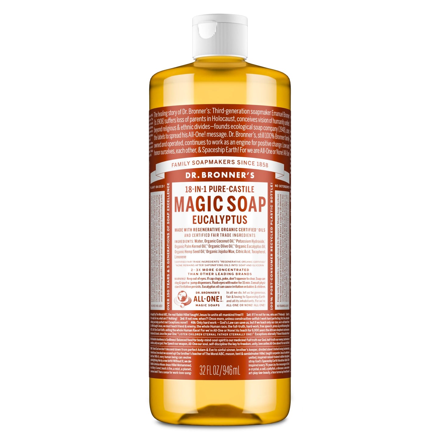 Dr. Bronner's Pure-Castile Magic Soap Liquid (Eucalyptus, 32 Ounce) - Made with Regenerative Organic Certified Oils, 18-in-1 Uses: Face, Body, Hair Beauty & Personal Care Dr. Bronner's